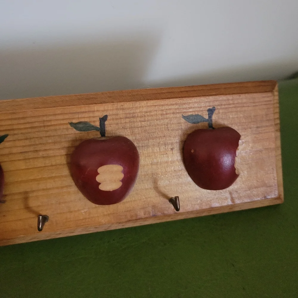 Red Apple Wooden Wall Hook Rack - Rustic Home Wall Decor